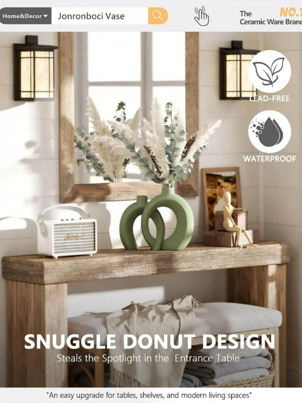 Set of 2 Sage Green Ceramic Vases - Unique Hollow Donut Design, Boho Farmhouse